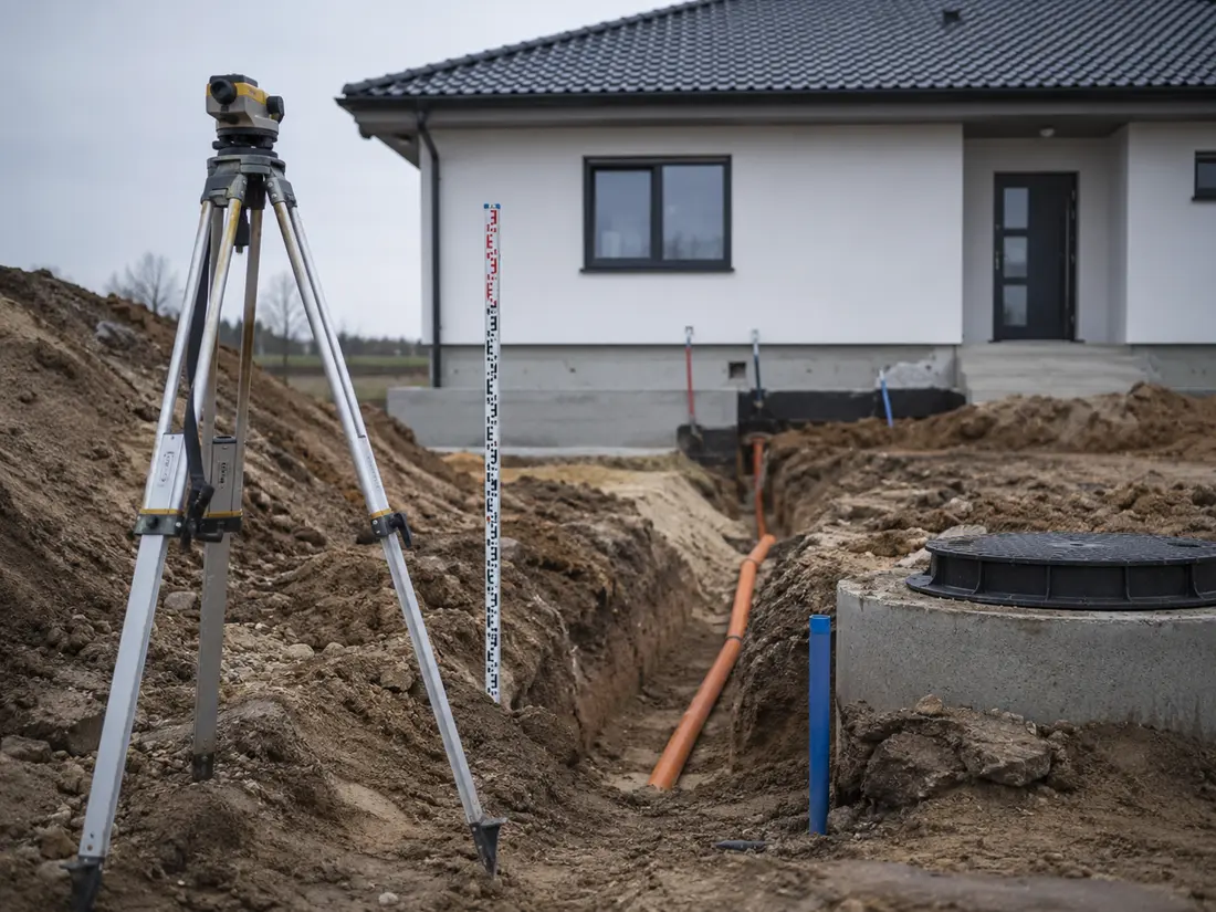 Sprzęt geodezyjny przy wykopie pod przyłącze wodno-kanalizacyjne