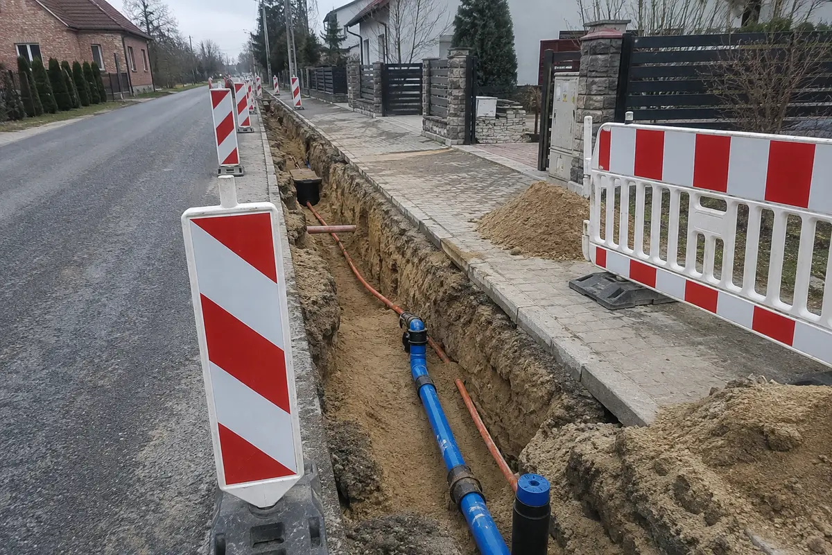 Zabezpieczony wykop przy pasie drogowym podczas prac wodno-kanalizacyjnych